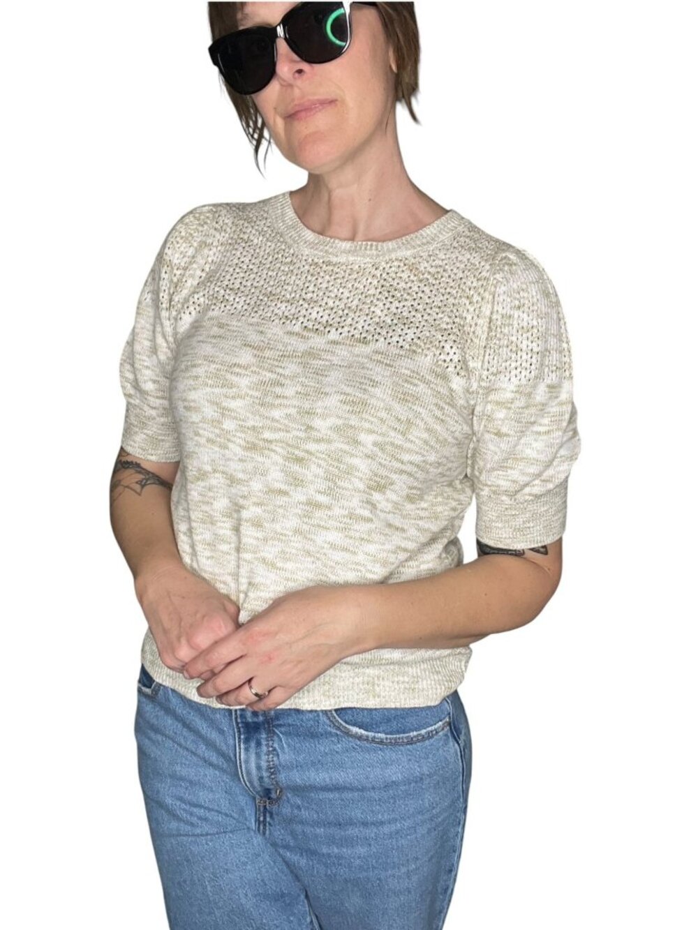 Anthropologie Cameron Sweater Top Neutral Space Dye Open Knit Tan Green Cream M